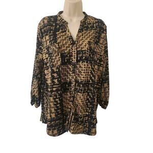Faded Glory Women's Blouse XL-Geometric 3/4 Roll Tab Sleeve V-Gold and Black